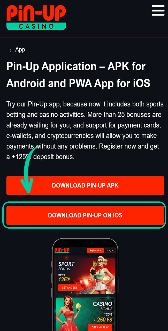 Download the official Pin Up app on iOS using the Safari browser.