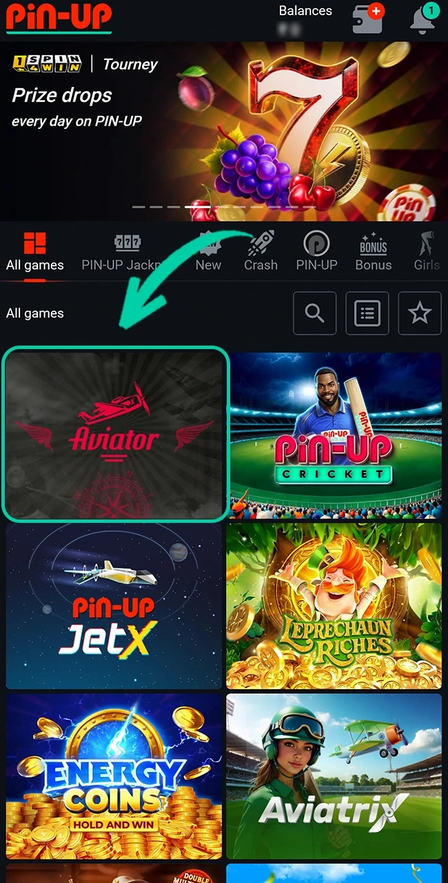 Find the Aviator game in the Pin Up casino section.