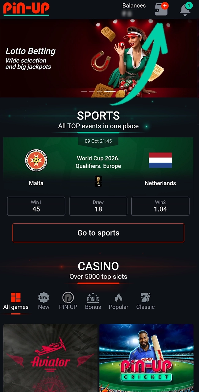 Make a secure deposit to your Pin Up casino account.