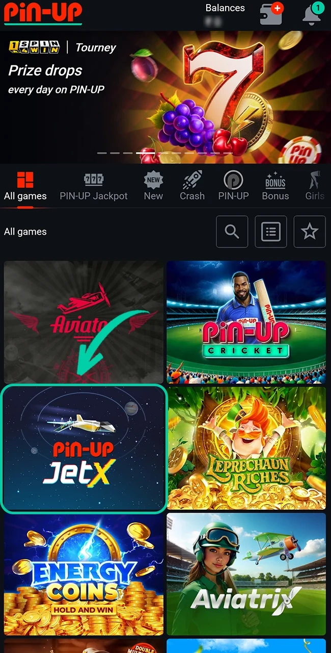 Find the JetX crash game in the Pin Up casino section.