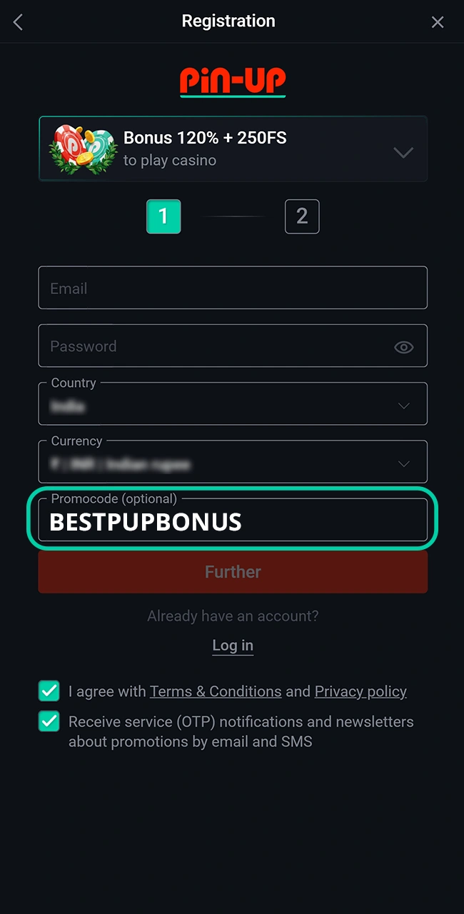 Enter the promo code in the Bonuses section of your Pin-Up casino profile.