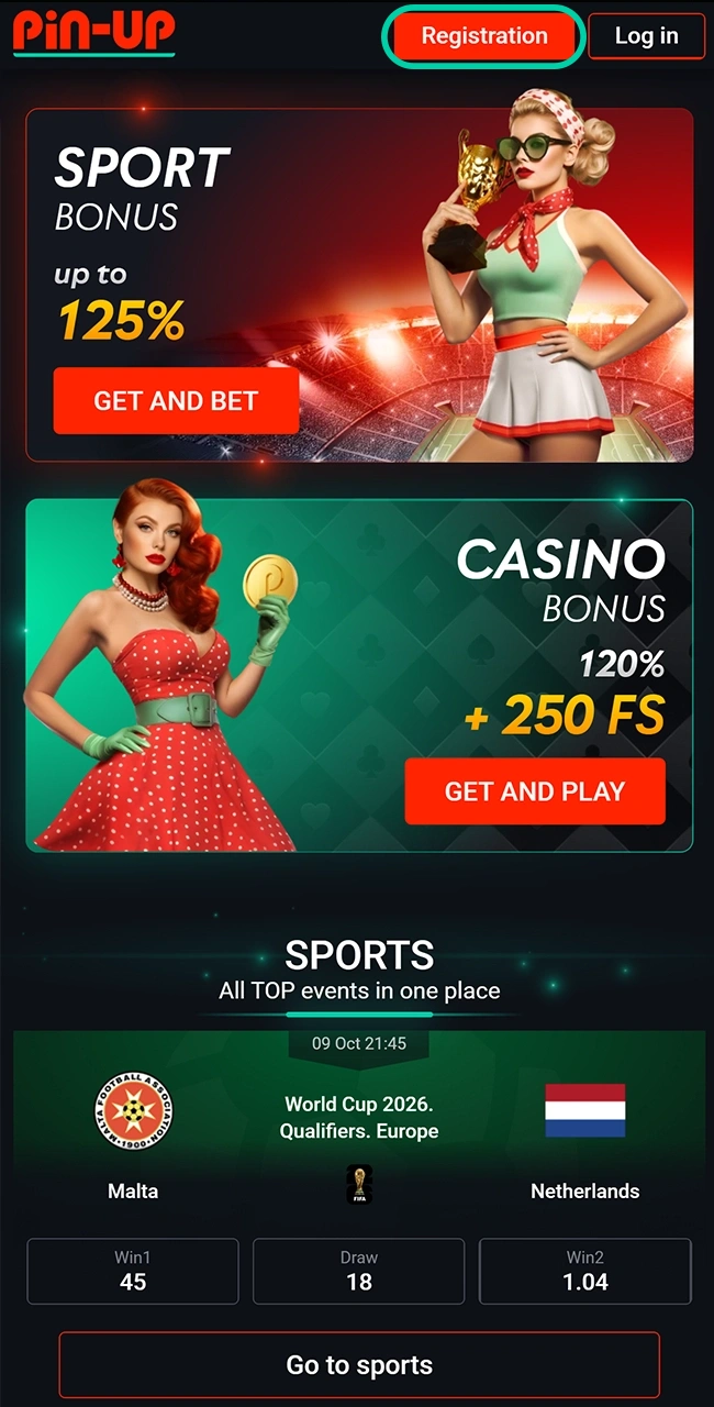 Click the registration button on the Pin-Up casino homepage.