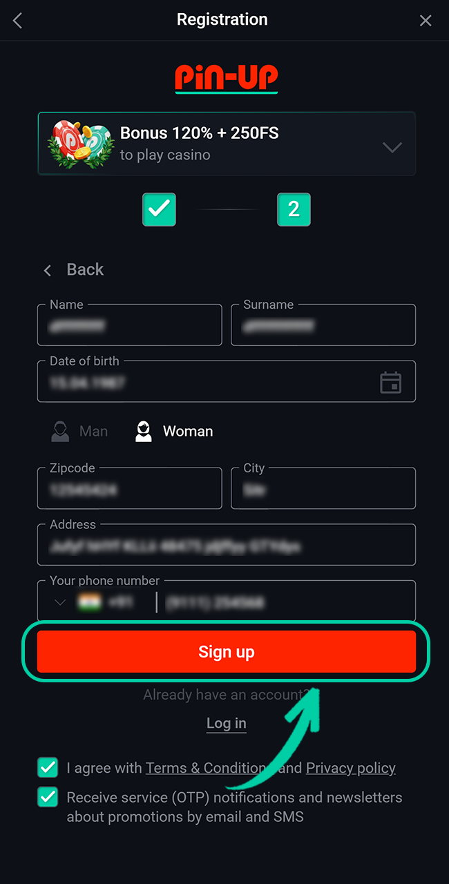 Confirm the terms and finish signing up at the official Pin Up casino.