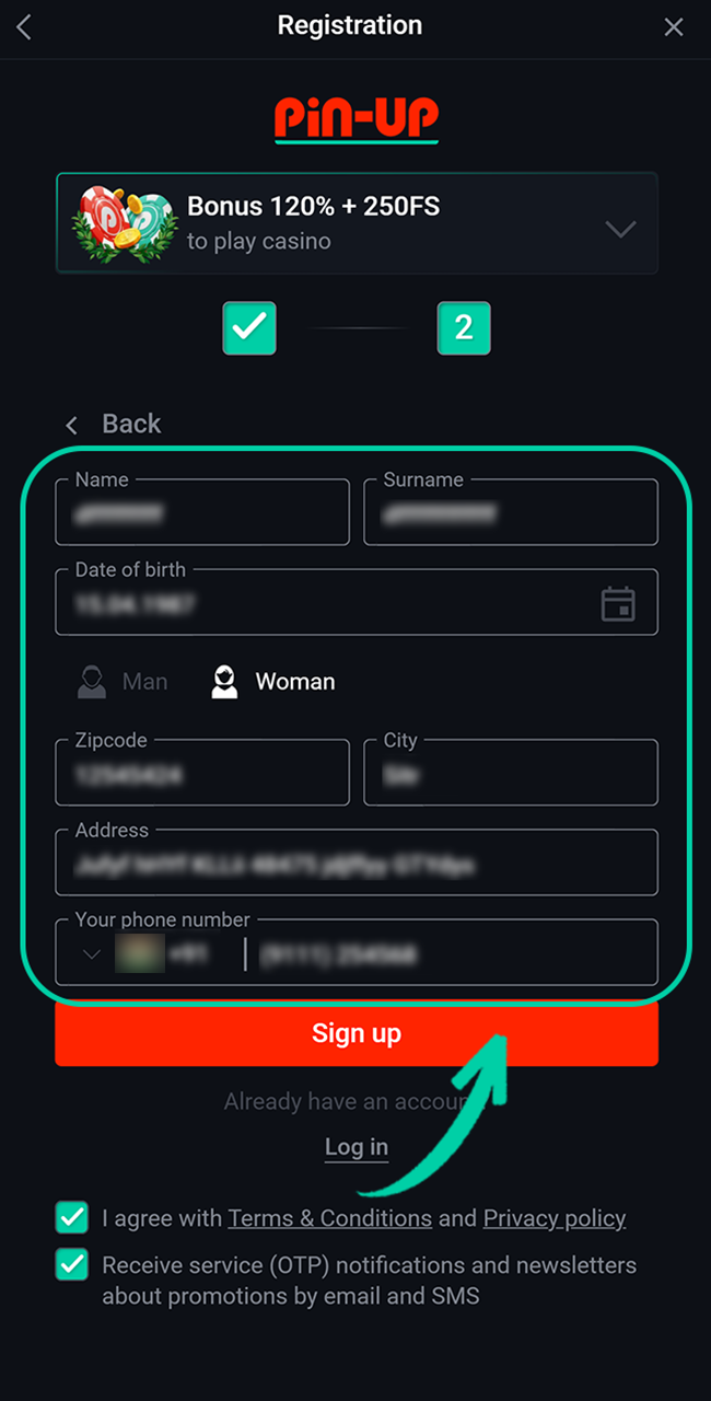 Add your personal details to complete the registration form on Pin Up.
