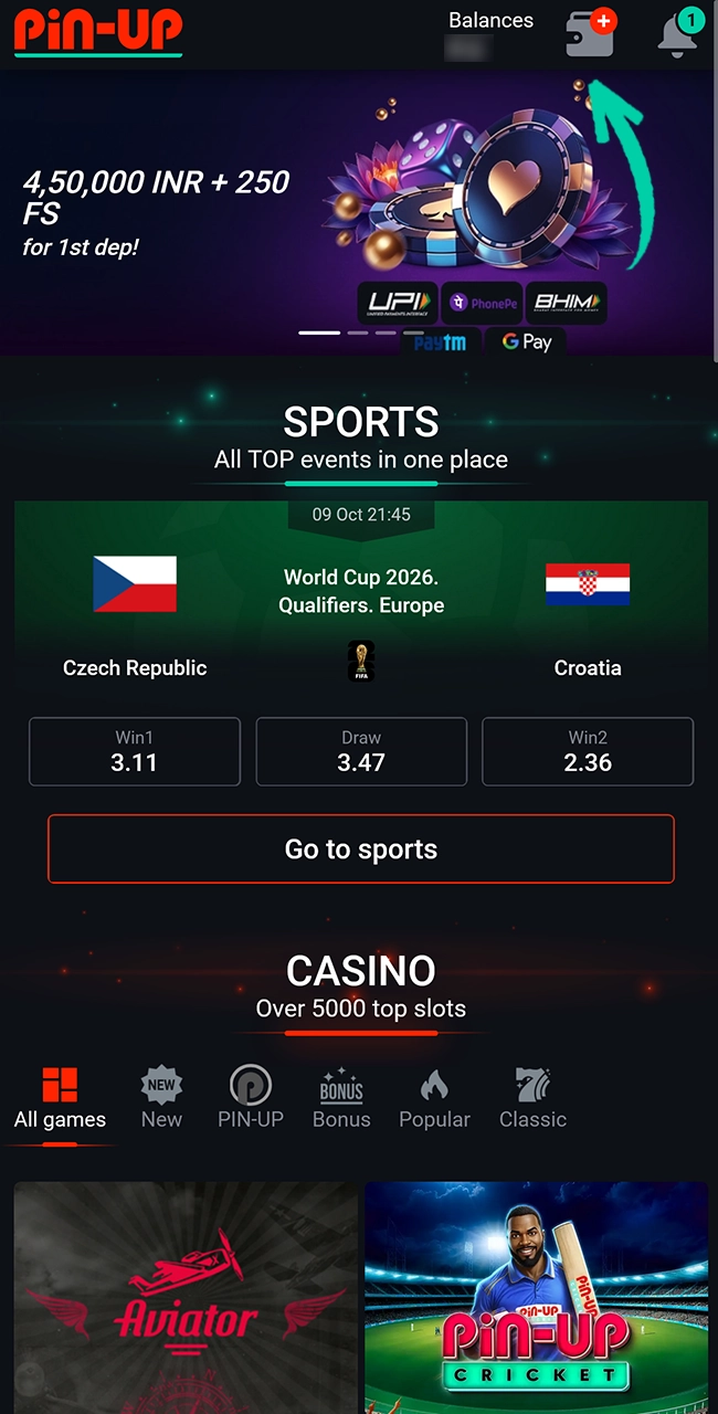 Make a deposit to fund your Pin Up account securely.