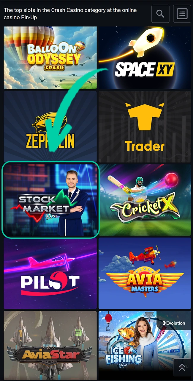 Find the Stock Market game in the Crash Games section at Pin Up.