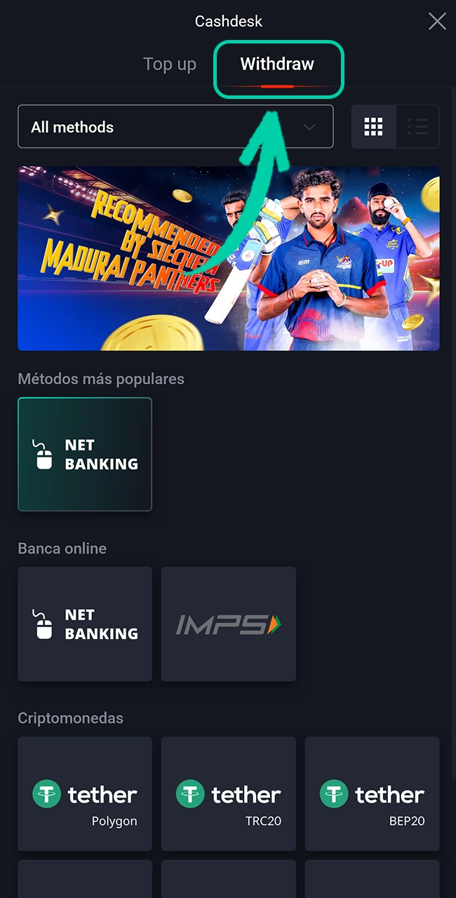 Go to the Cashier section to start the withdrawal process at Pin Up.