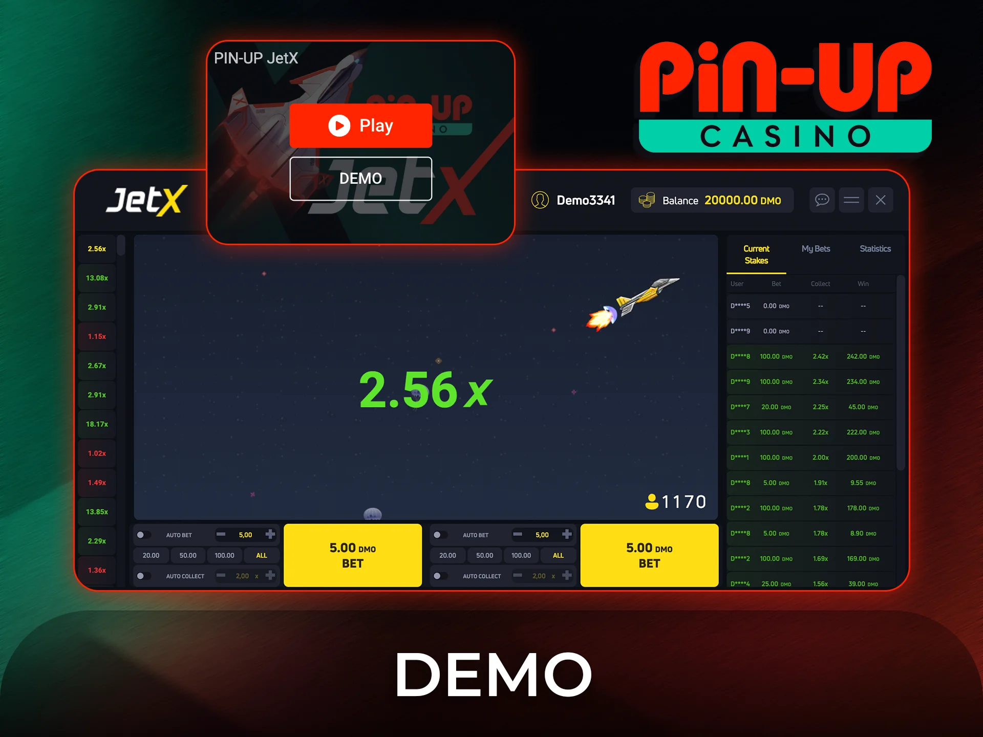 Try the free JetX demo version on the Pin-Up platform.
