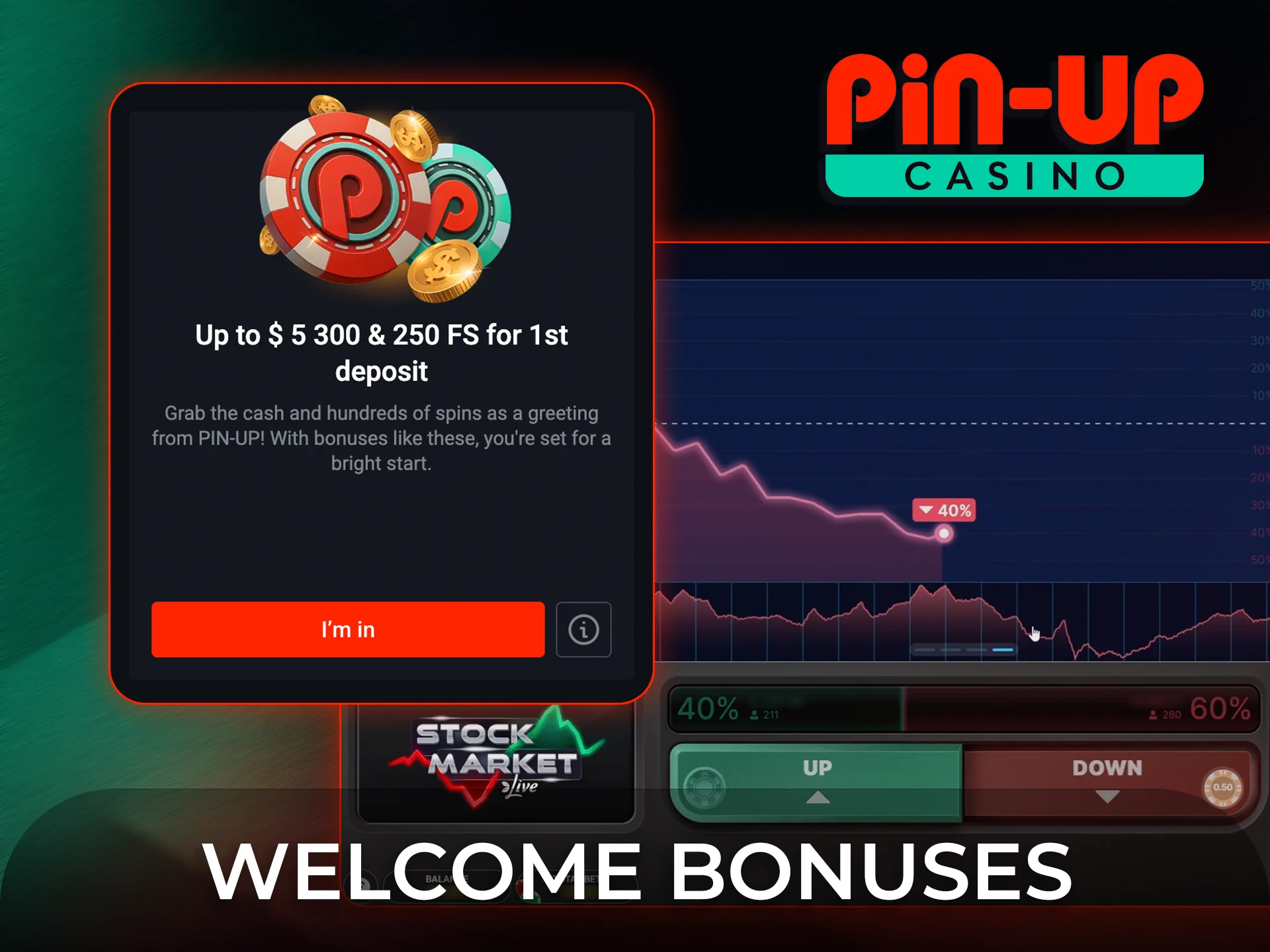 Claim generous welcome bonuses on the Stock Market at Pin-Up Casino.